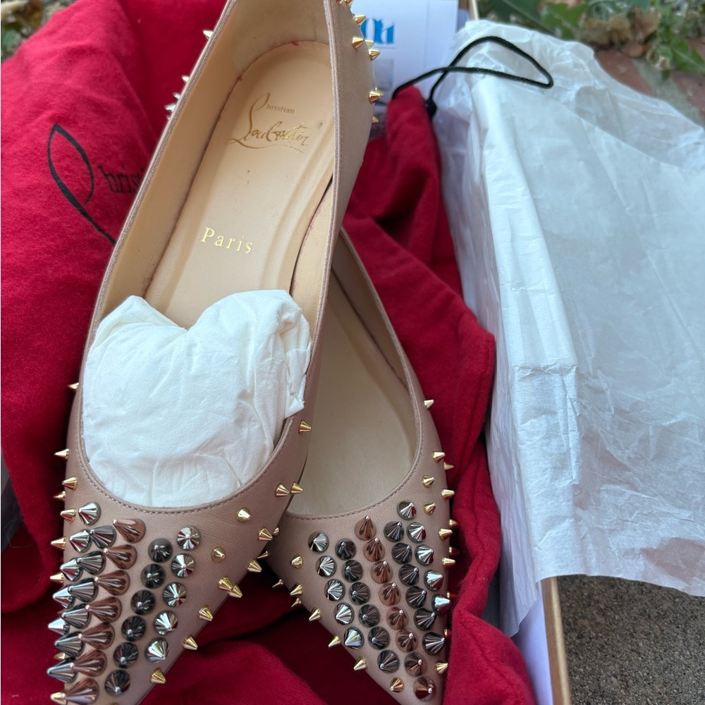 Christian Louboutin Tan Spiked Flats